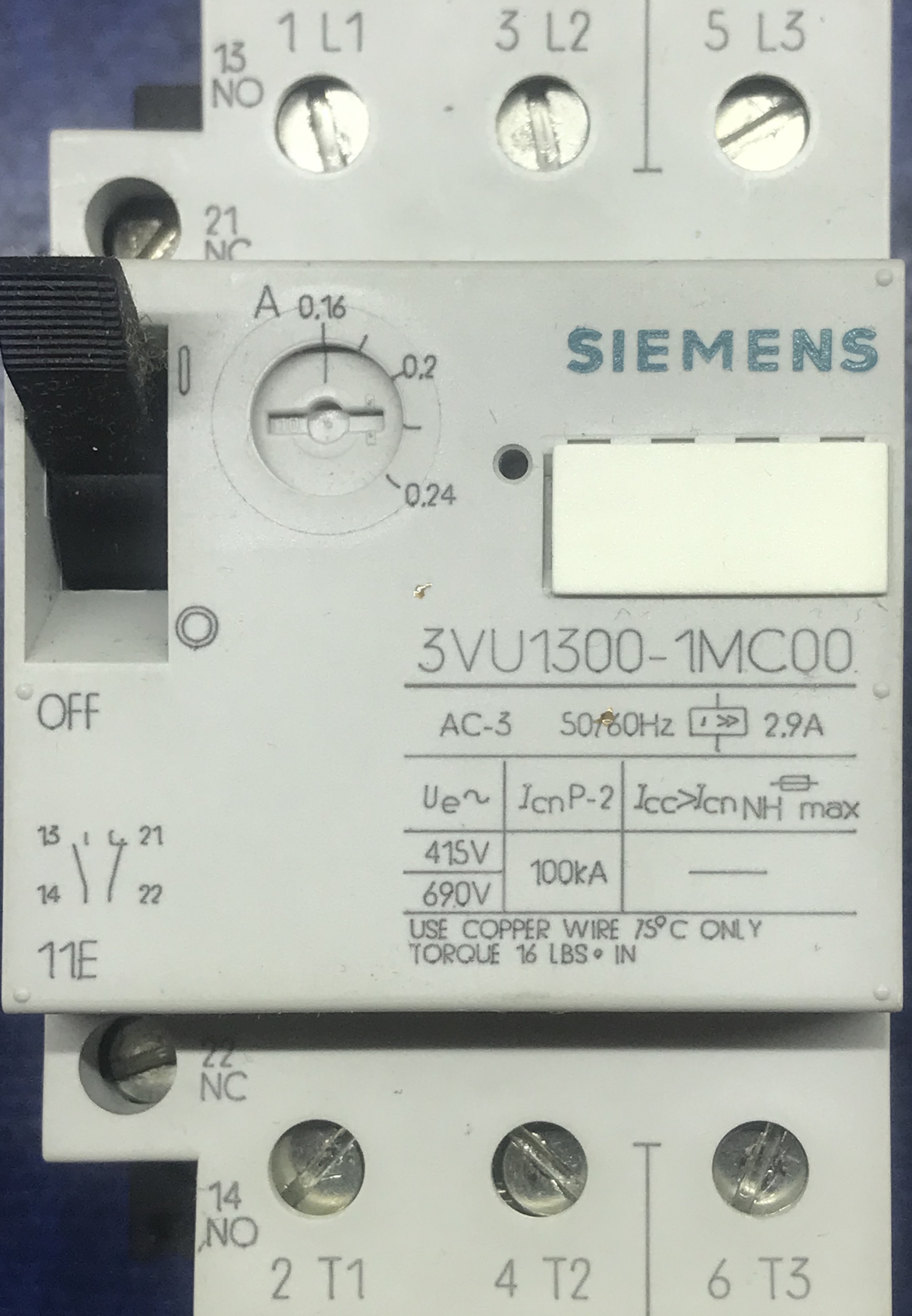 کلید حرارتی زیمنس آلمان مدل   - 1NO/1NC -0.24 - 0.16/ 3VU1300-1MCOO